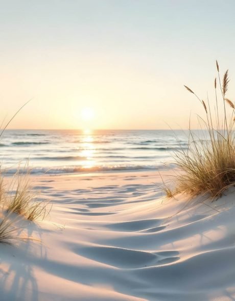 A tranquil beach scene at sunrise, with soft white sand dunes fr